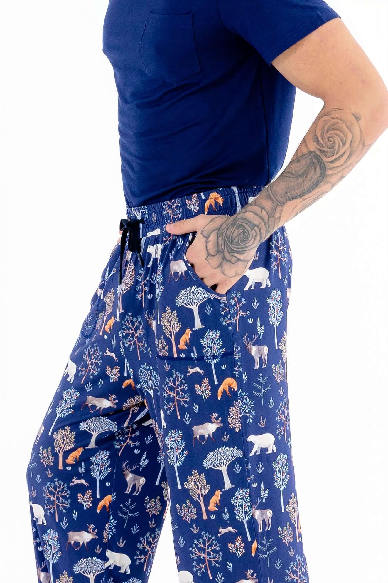 Side view of man modeling Woodland Night modal pajama set with drawstring pants