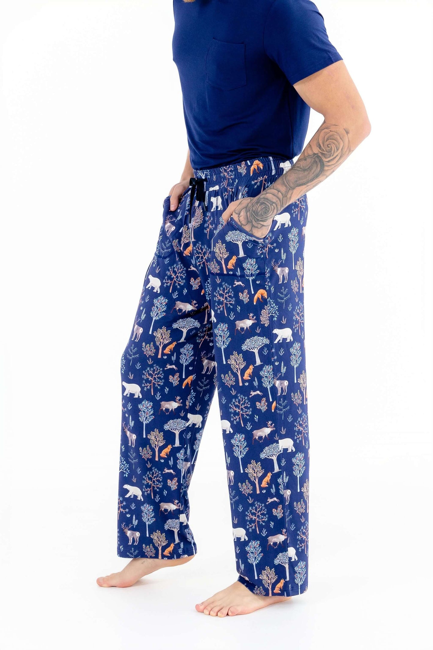 Side view of man modeling Woodland Night modal pajama set with drawstring pants