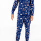Front view of child wearing kids pajama set in Woodland Night forest print
