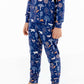 Front view of child wearing kids pajama set in Woodland Night forest print