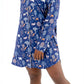 Woodland Night women nightshirt long sleeve in blue with forest and animal prints, featuring button-down front and notched collar.