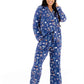 Woman wearing Women TENCEL Modal pajama set in woodland print, showcasing soft, breathable, sustainable nightwear in midnight blue color.