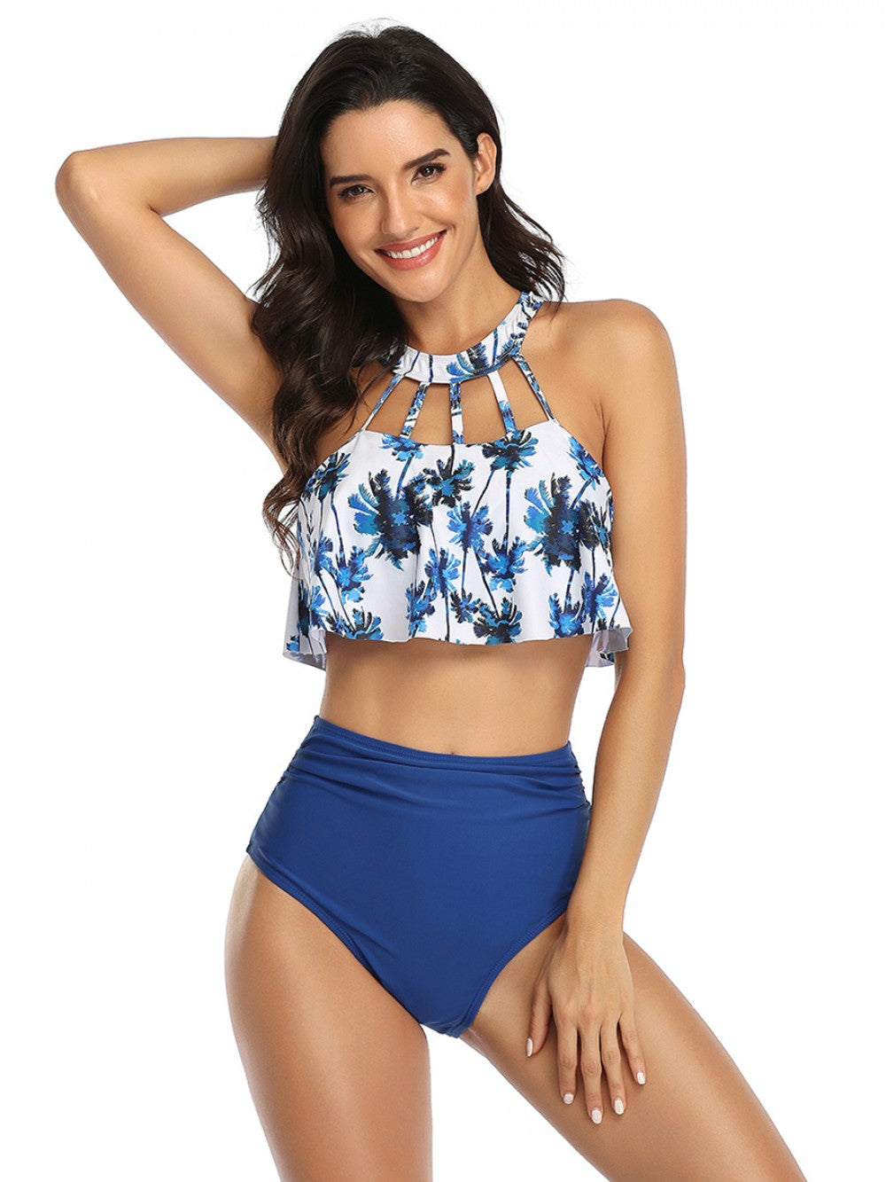 Mommy and Me 2 Piece Bikini White/Blue Palms Swimsuit