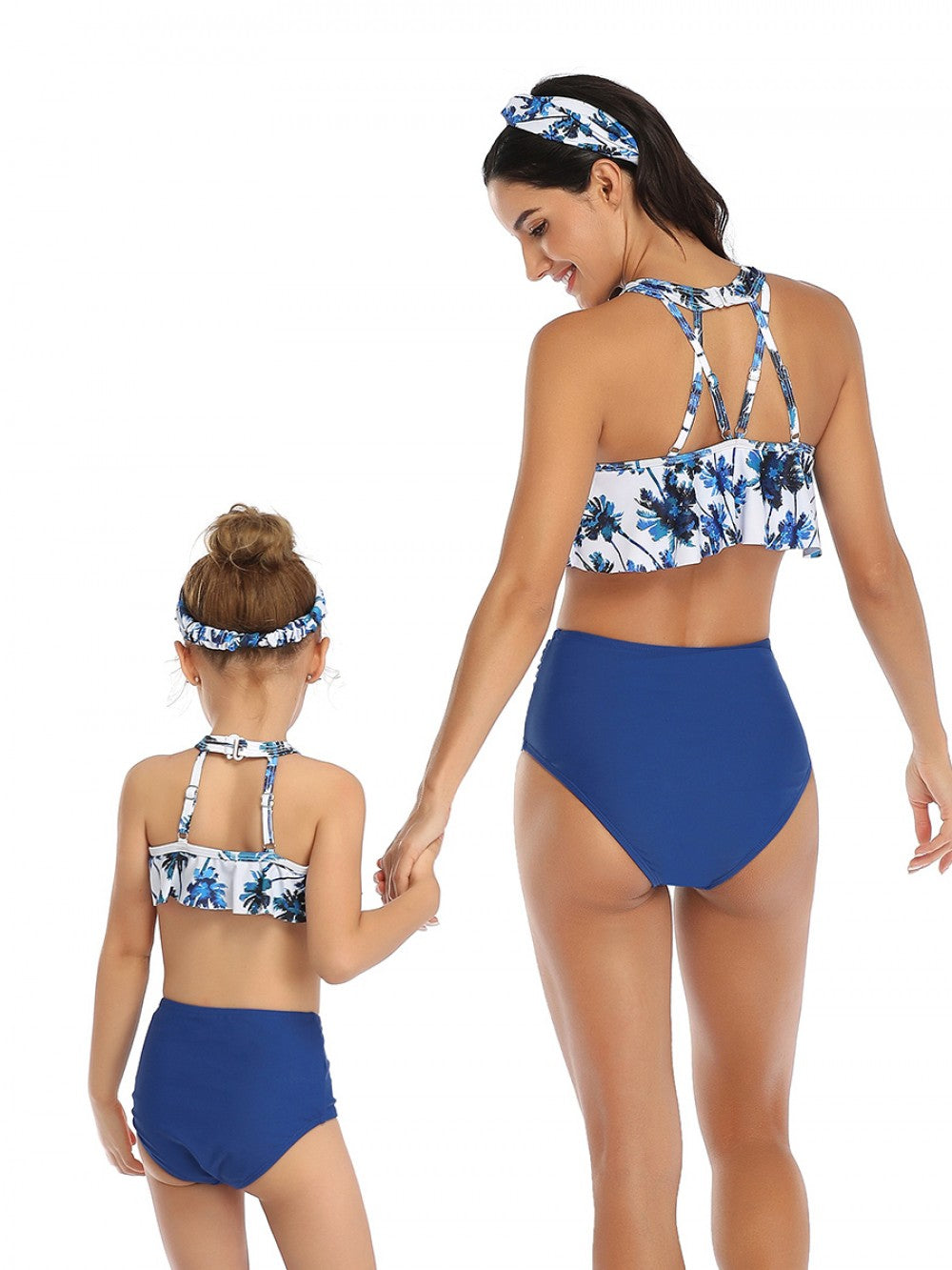 Mommy and Me 2 Piece Bikini White/Blue Palms Swimsuit