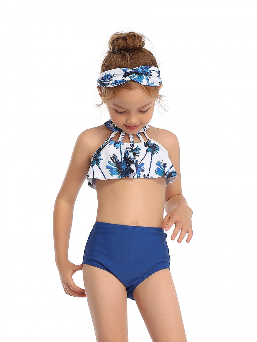 Mommy and Me 2 Piece Bikini White/Blue Palms Swimsuit