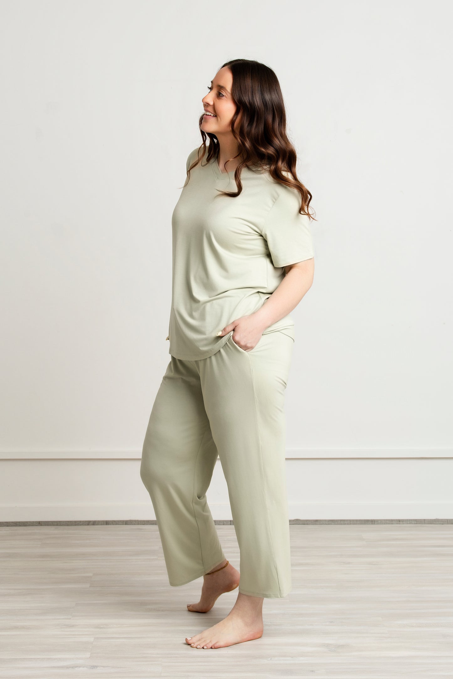 Women Modal Lounge Set – V-Neck Tee & Wide-Leg Pants Sage Green
