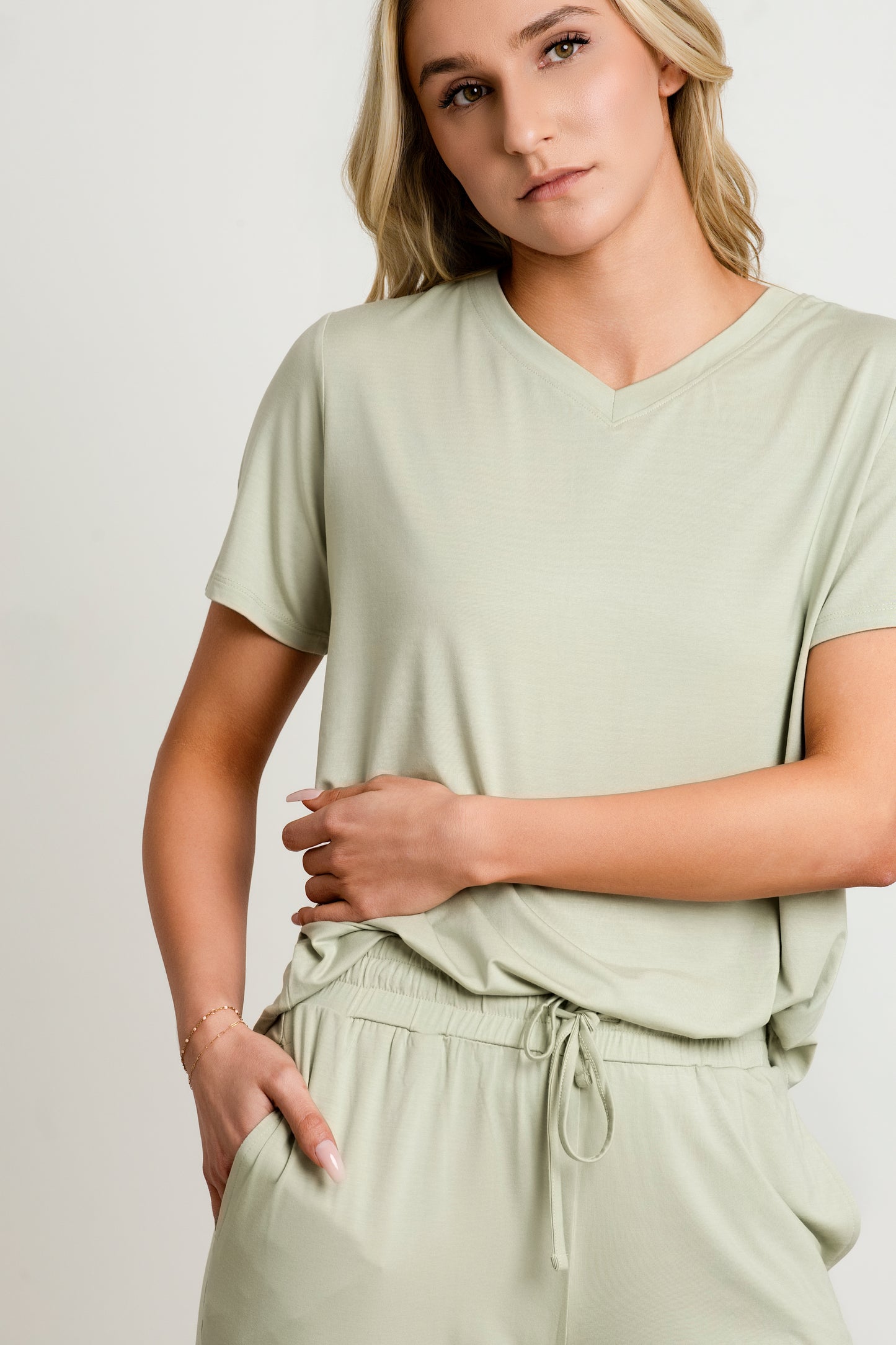 Women Modal Lounge Set – V-Neck Tee & Wide-Leg Pants Sage Green