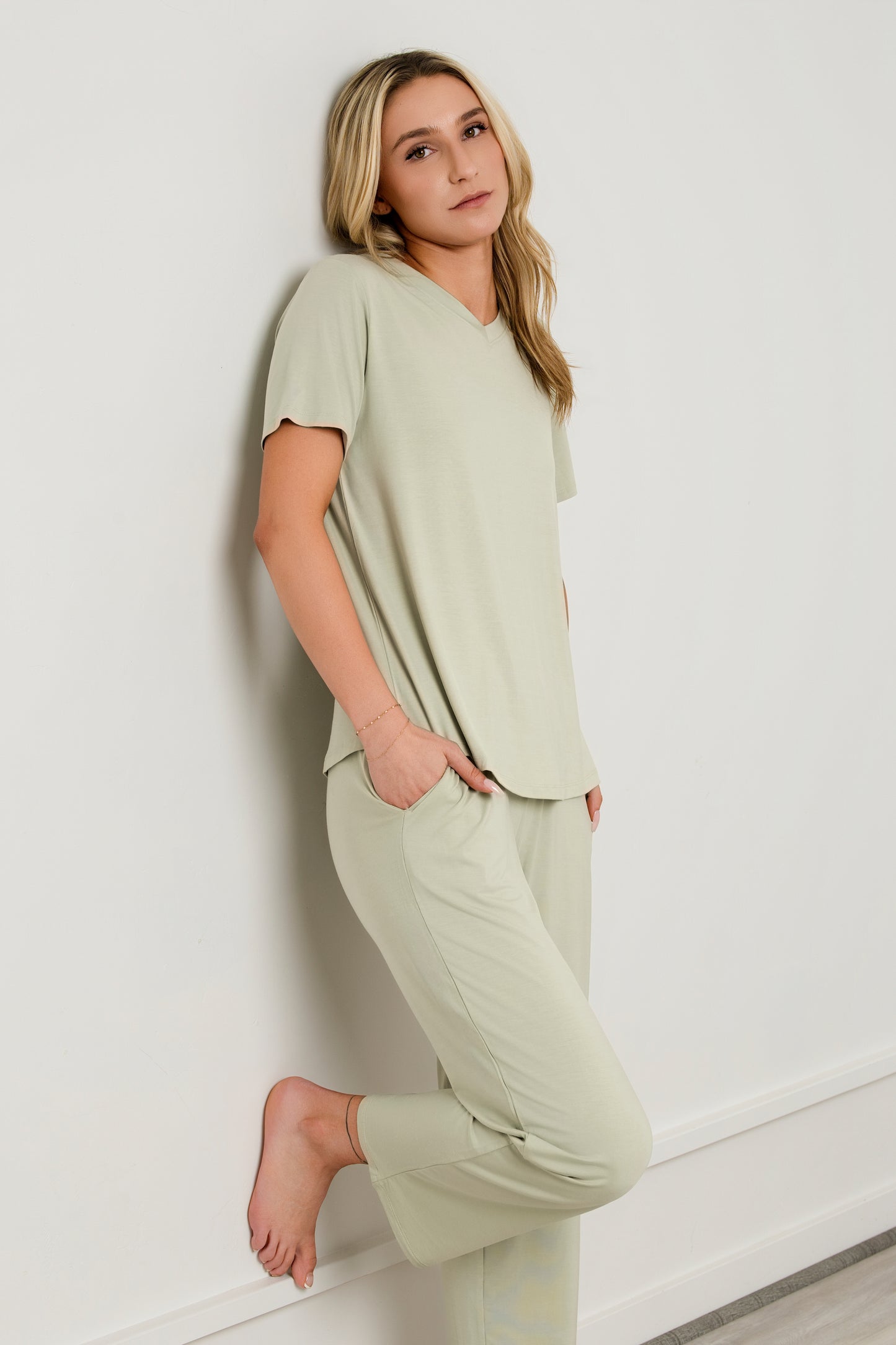 Women Modal Lounge Set – V-Neck Tee & Wide-Leg Pants Sage Green