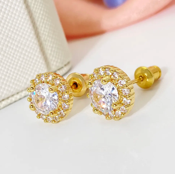 Elegant Gold-Plated Stud Earrings Sparkling Round Cubic Zirconia – 925 Sterling Silver