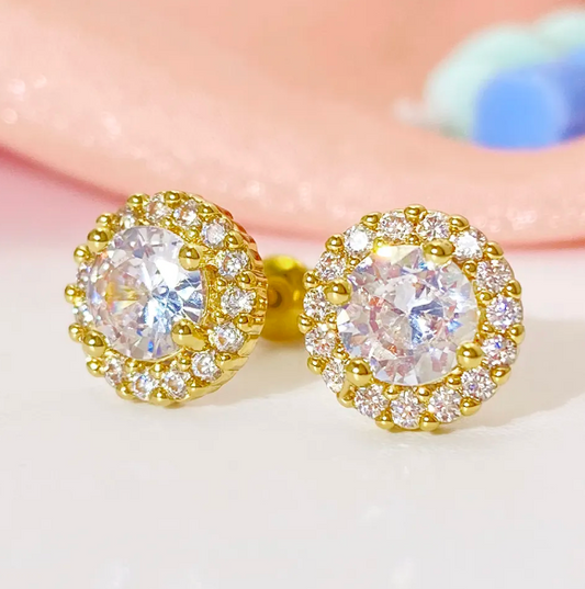 Elegant Gold-Plated Stud Earrings Sparkling Round Cubic Zirconia – 925 Sterling Silver