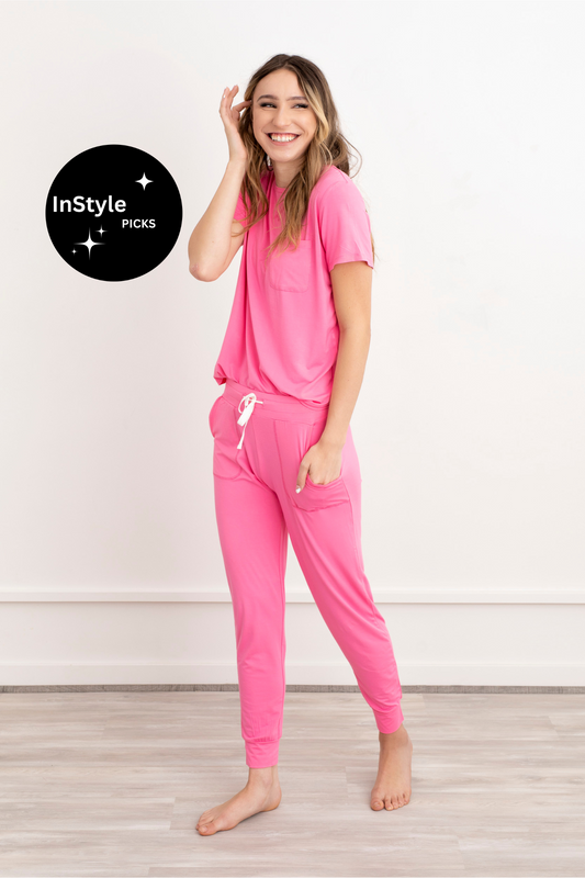 Crew Neck Bamboo Jogger Pants Pajama Set Pink