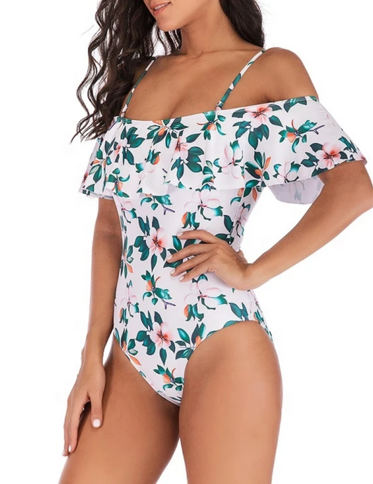 VINTAGE OFF SHOULDER RUFFLED FLORAL SWIMSUIT