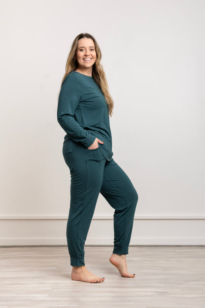Women Modal Lounge Set in evergreen color, featuring a crew neck long sleeve top and jogger pants for ultimate comfort.
