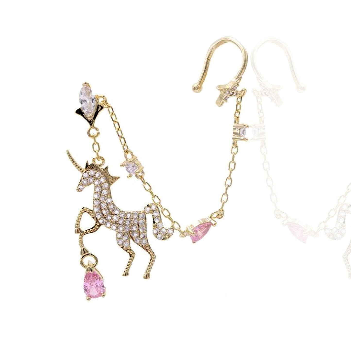 Crystal Unicorn Chain Earring with Cuff – Gold & Pink Gem Accents