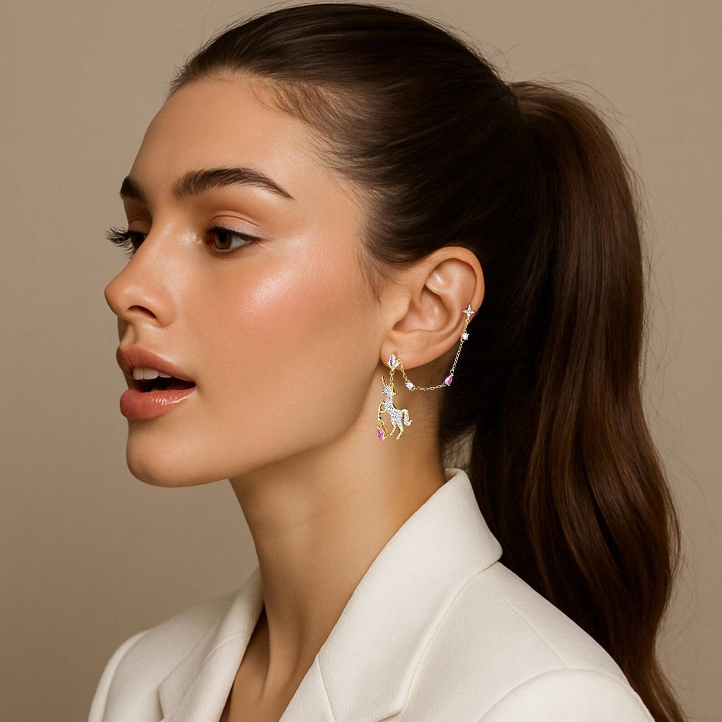 Crystal Unicorn Chain Earring with Cuff – Gold & Pink Gem Accents