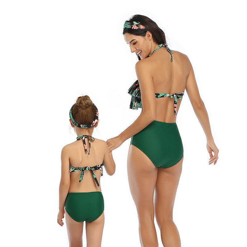 Mommy and Me 2 Piece Bikini Green Floral Swimsuit