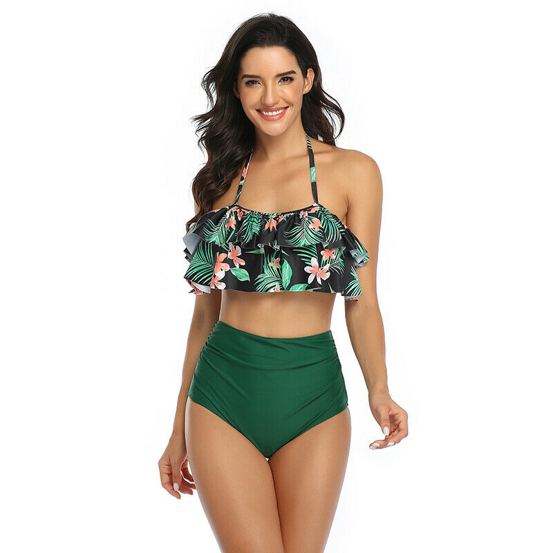 Mommy and Me 2 Piece Bikini Green Floral Swimsuit