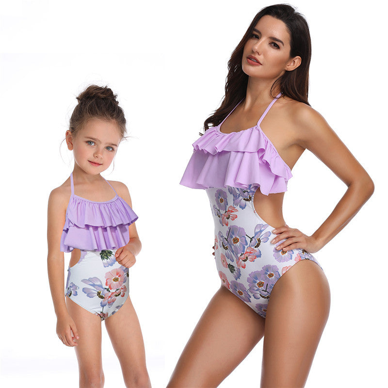 Ruffle Halter Floral Purple One Piece Swimsuit