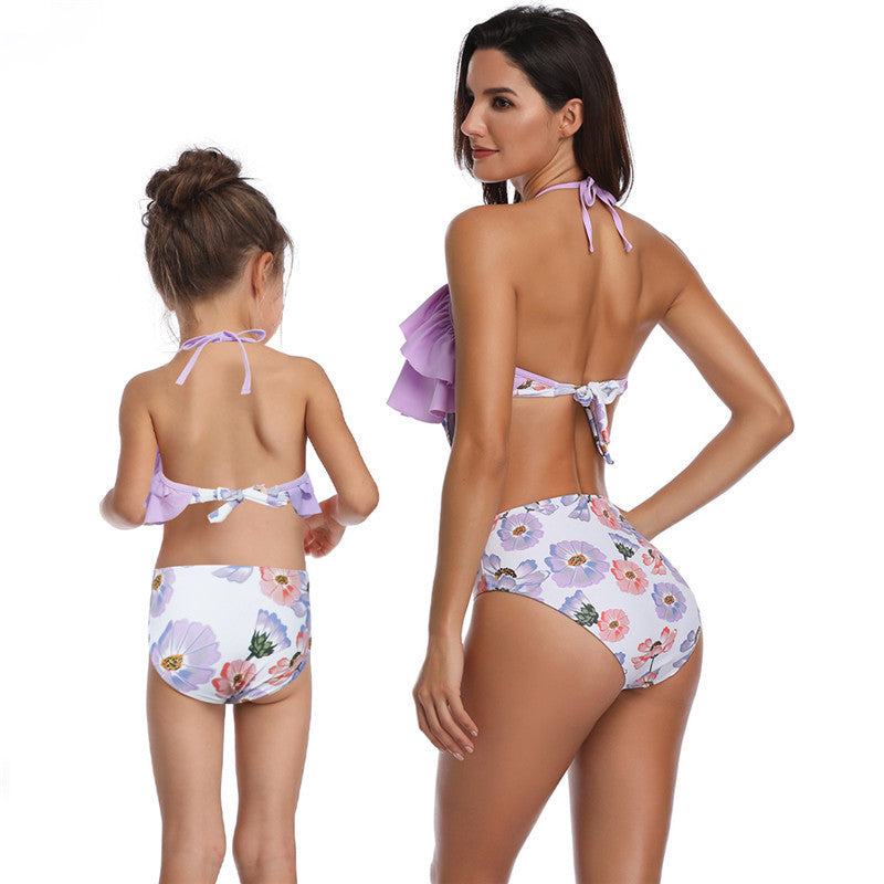 Ruffle Halter Floral Purple One Piece Swimsuit