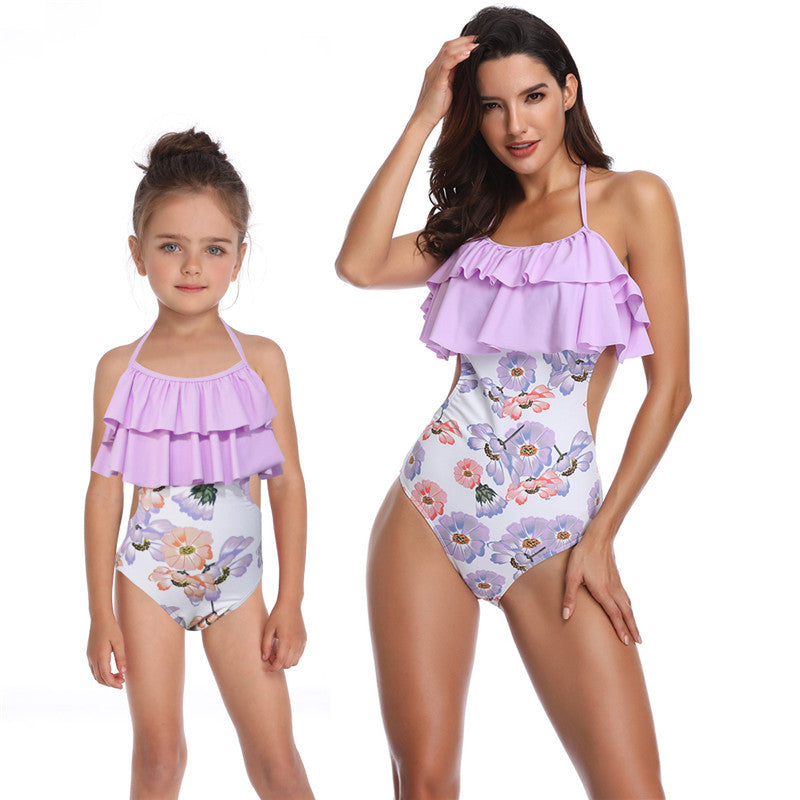 Ruffle Halter Floral Purple One Piece Swimsuit