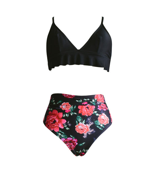 FLORAL BLACK RUFFLE BIKINI