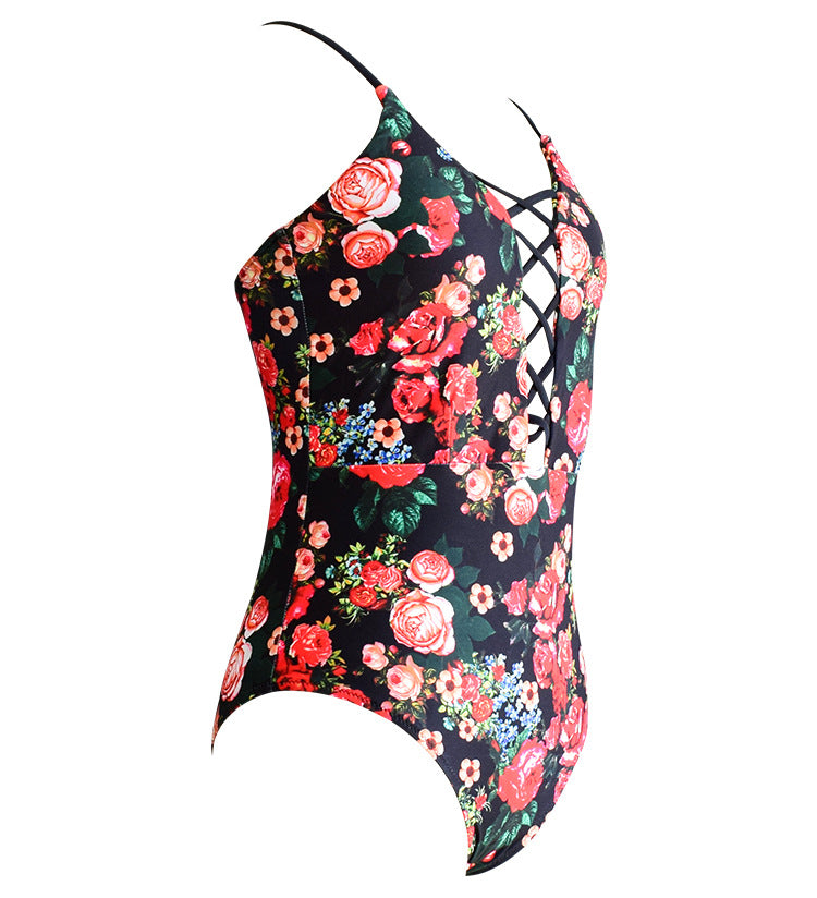 DEPP V PLUNGE LACE UP FLORAL CUTOUT SWIMSUIT