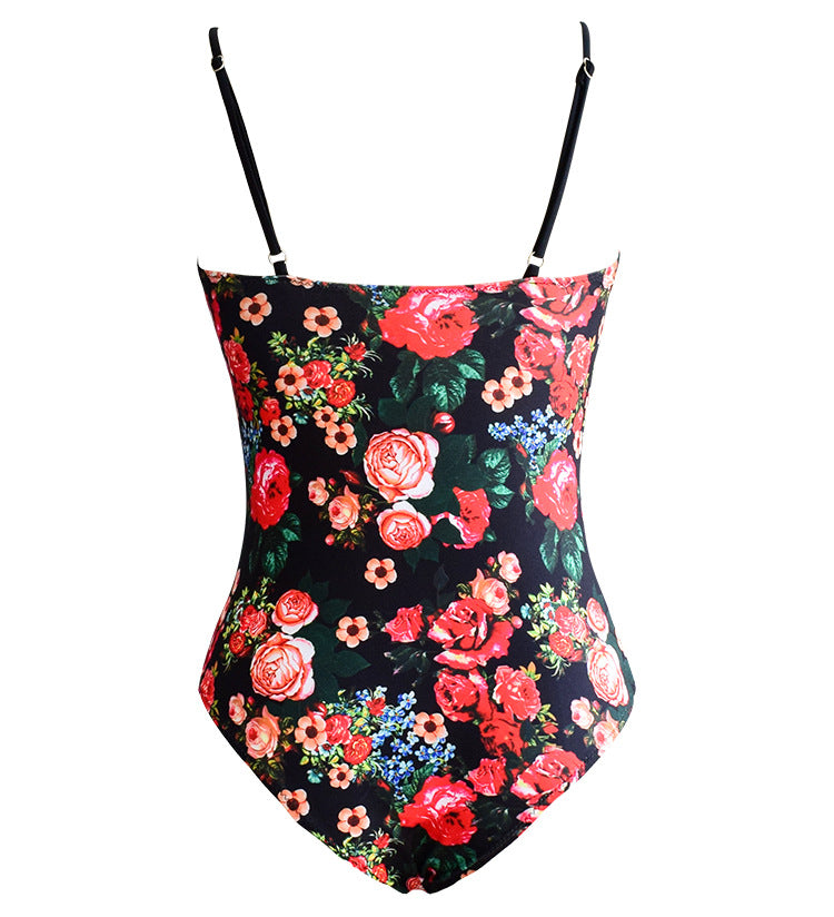 DEPP V PLUNGE LACE UP FLORAL CUTOUT SWIMSUIT