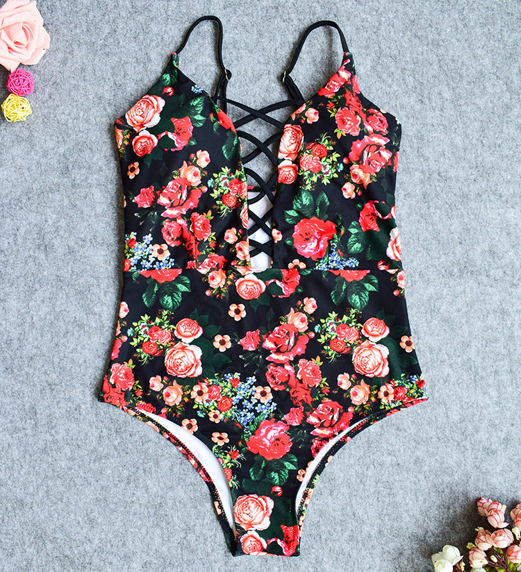 DEPP V PLUNGE LACE UP FLORAL CUTOUT SWIMSUIT