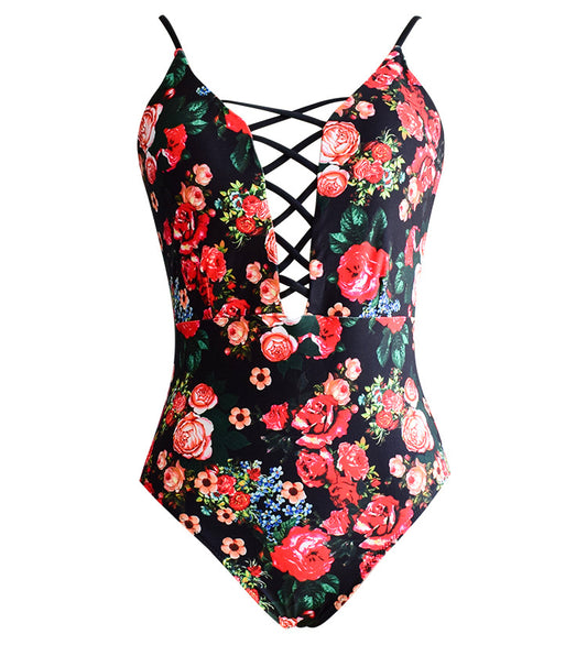 DEPP V PLUNGE LACE UP FLORAL CUTOUT SWIMSUIT