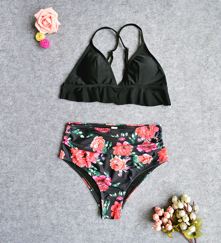 FLORAL BLACK RUFFLE BIKINI