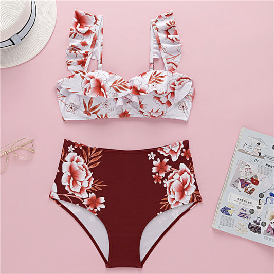 FLORAL BURGUNDY RUFFLE BIKINI