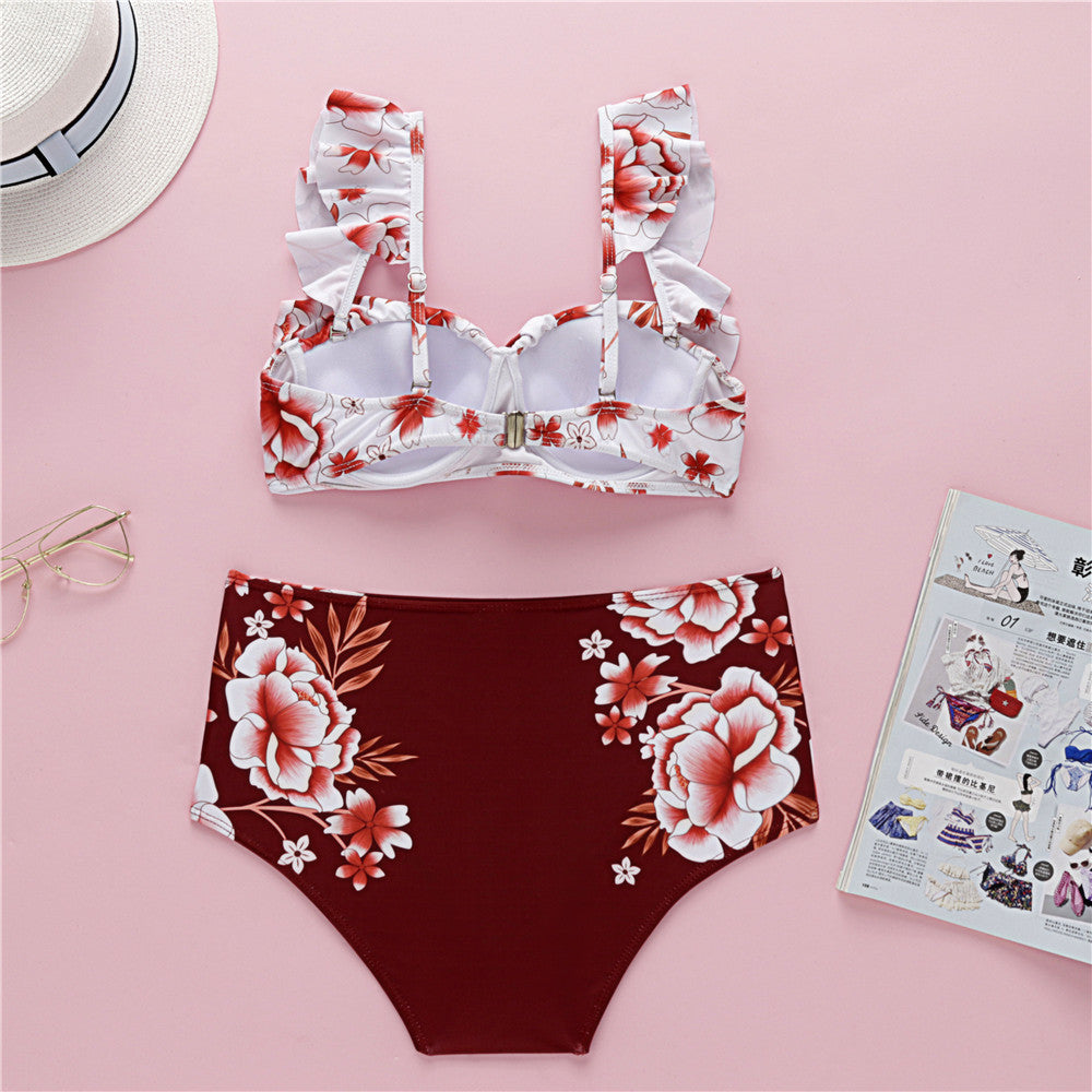 FLORAL BURGUNDY RUFFLE BIKINI