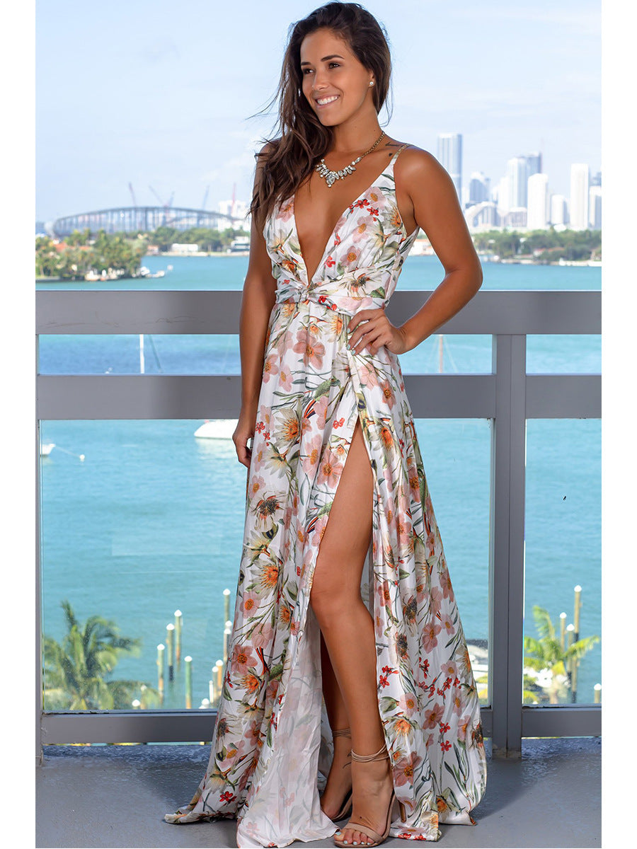 COCKTAIL FLORAL GREEN MAXI WHITE DRESS