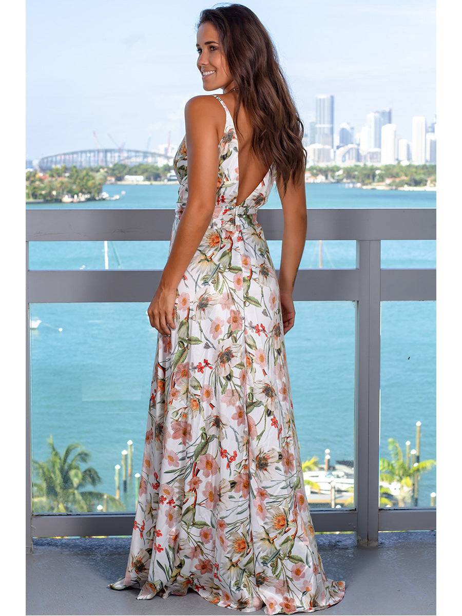 COCKTAIL FLORAL GREEN MAXI WHITE DRESS