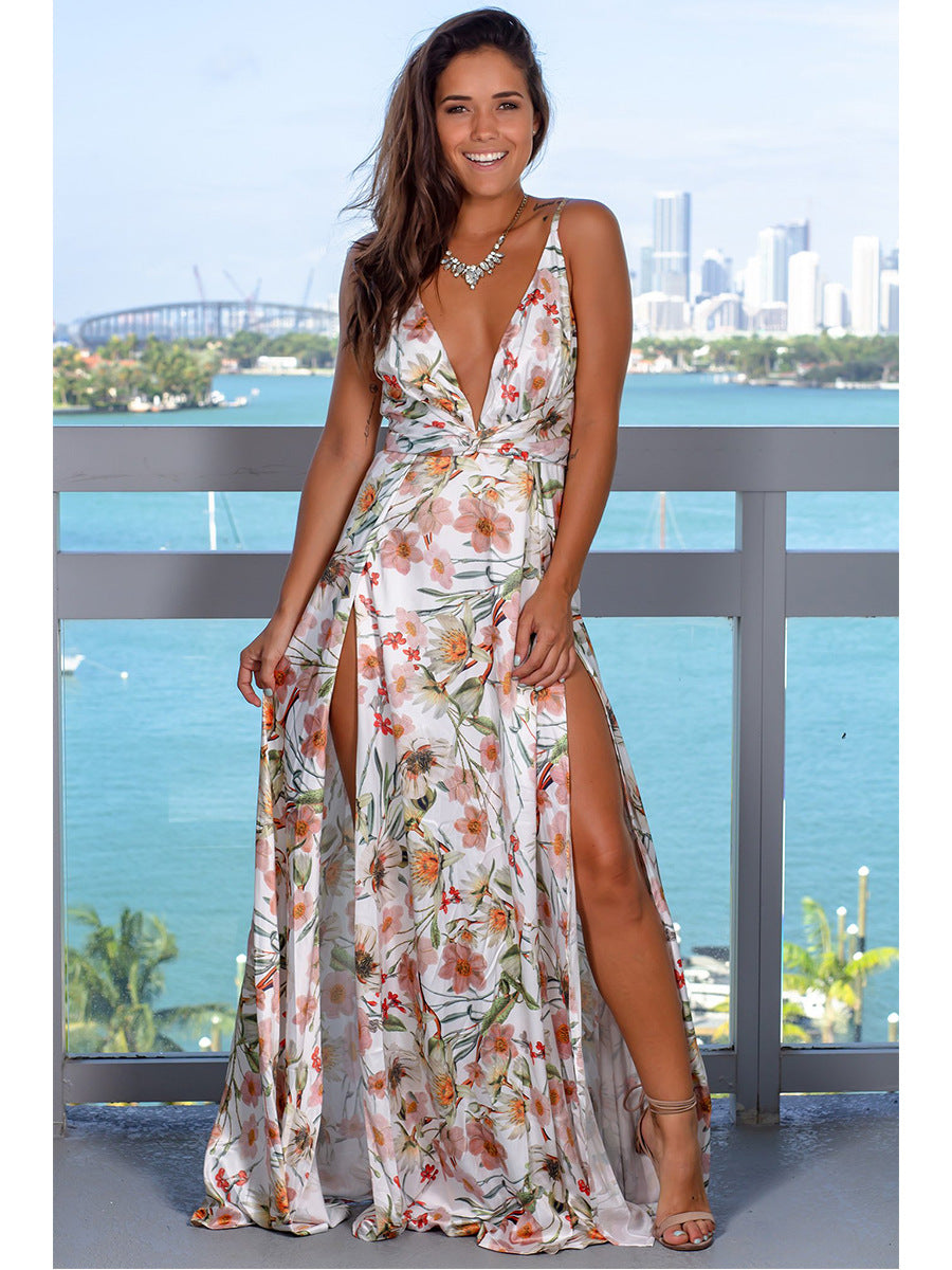 COCKTAIL FLORAL GREEN MAXI WHITE DRESS