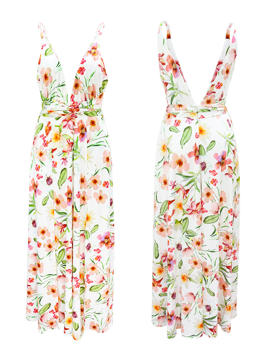 COCKTAIL FLORAL GREEN MAXI WHITE DRESS