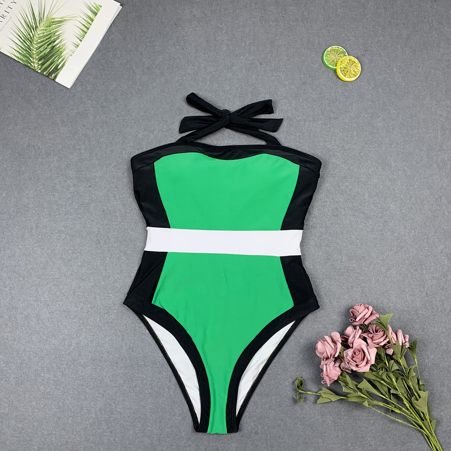 HALTER COLOR-BLOCK ONE PIECE SWIMSUIT