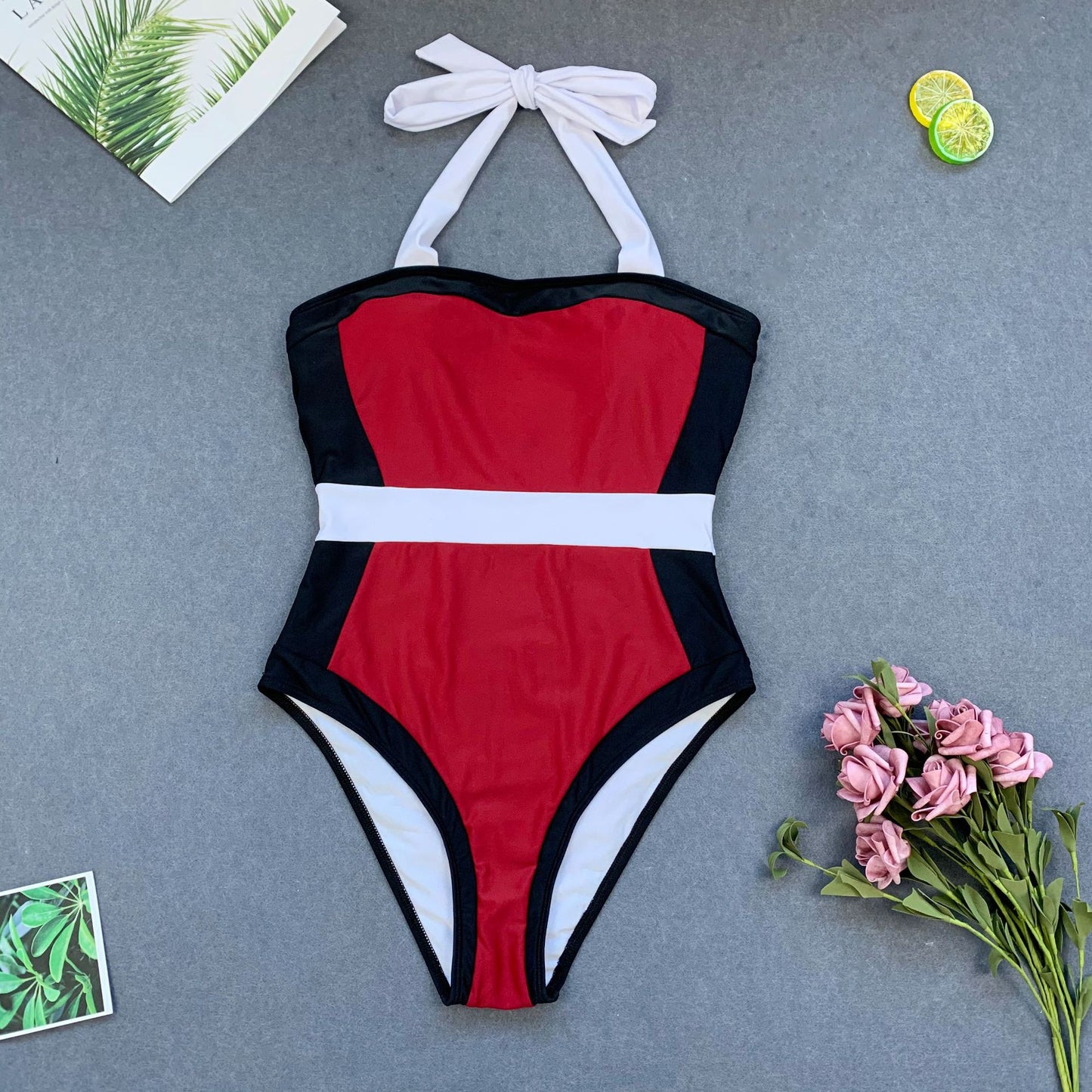 HALTER COLOR-BLOCK ONE PIECE SWIMSUIT