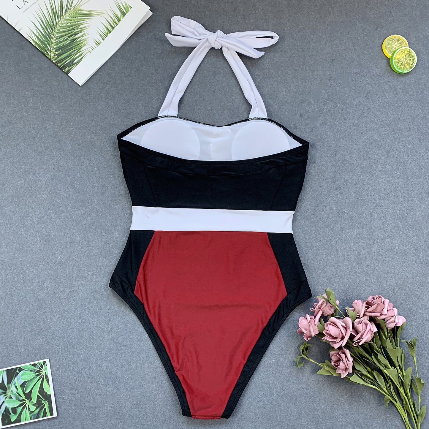 HALTER COLOR-BLOCK ONE PIECE SWIMSUIT