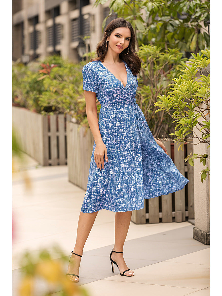 KNEE LENGTH MINI BOHO BLUE  WRAP DRESS