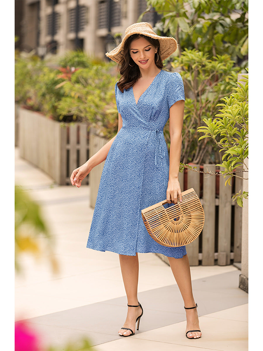 KNEE LENGTH MINI BOHO BLUE  WRAP DRESS