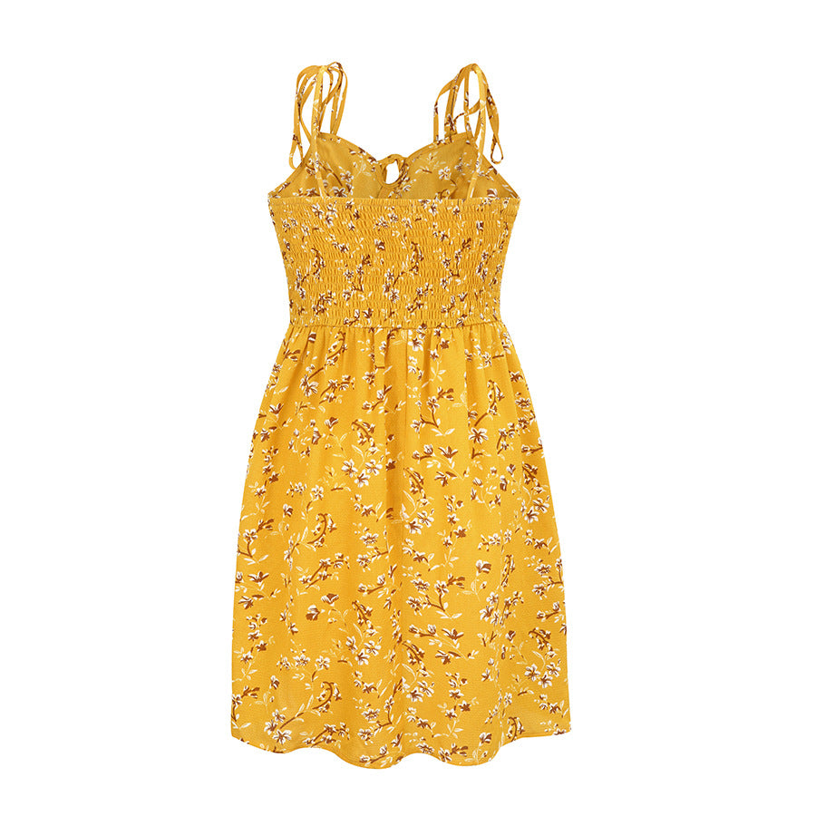 MINI FLORAL SPAGHETTI  STRAP YELLOW DRESS