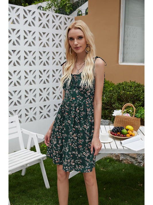 MINI FLORAL GREEN SPAGHETTI STRAP DRESS