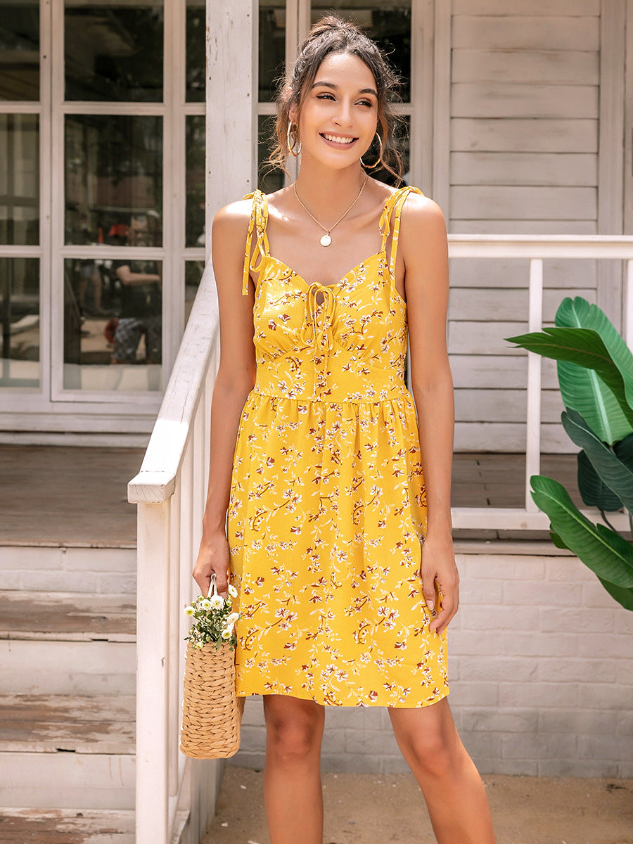 MINI FLORAL SPAGHETTI  STRAP YELLOW DRESS