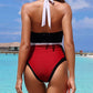 HALTER COLOR-BLOCK ONE PIECE SWIMSUIT