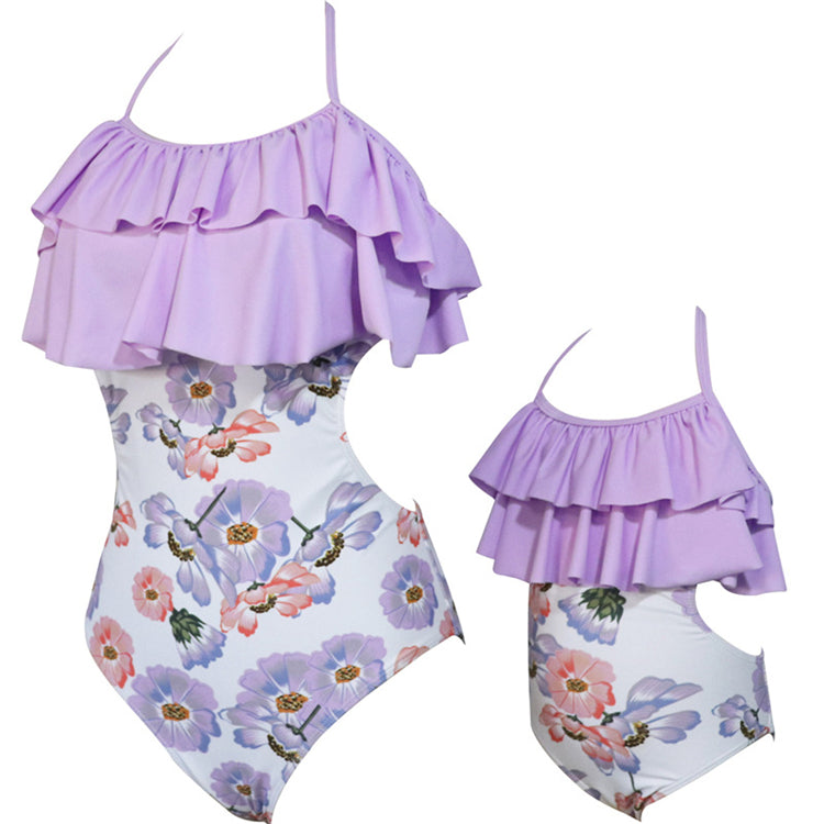 Ruffle Halter Floral Purple One Piece Swimsuit