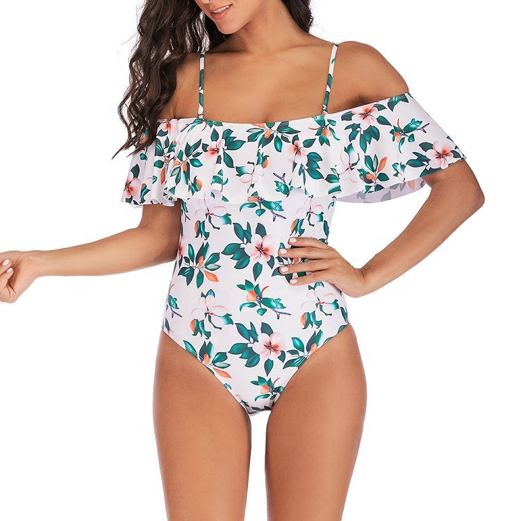 VINTAGE OFF SHOULDER RUFFLED WHITE FLORAL SWIMSUIT