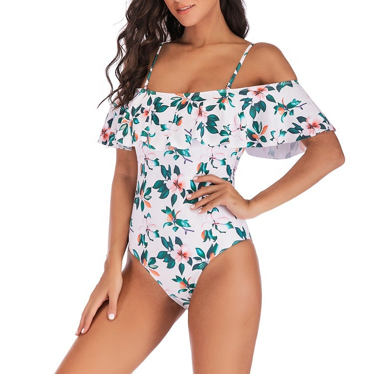 VINTAGE OFF SHOULDER RUFFLED WHITE FLORAL SWIMSUIT