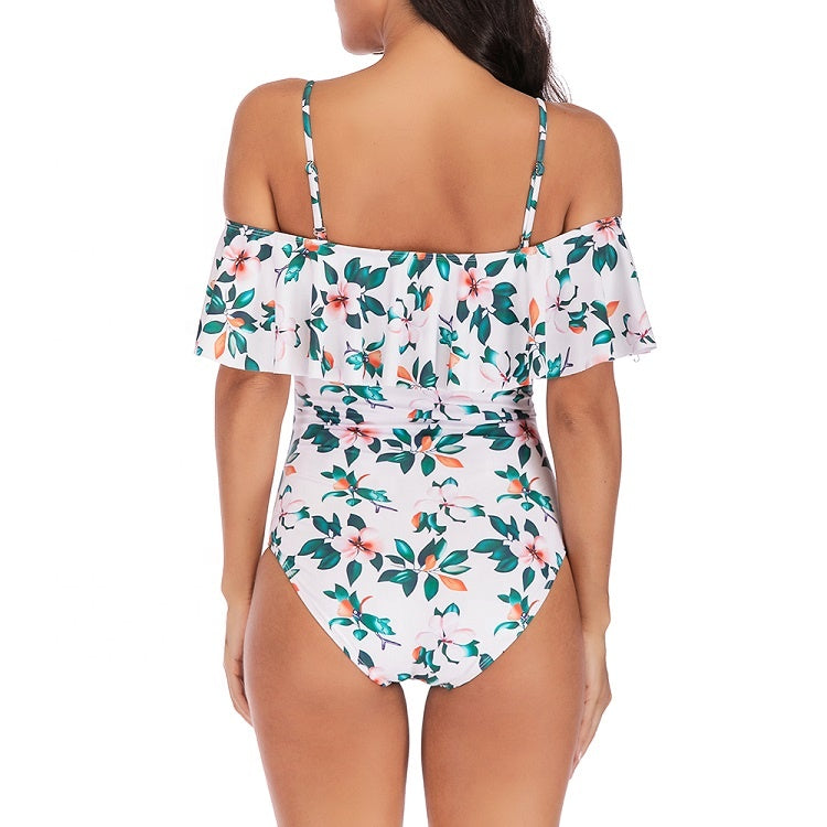 VINTAGE OFF SHOULDER RUFFLED WHITE FLORAL SWIMSUIT