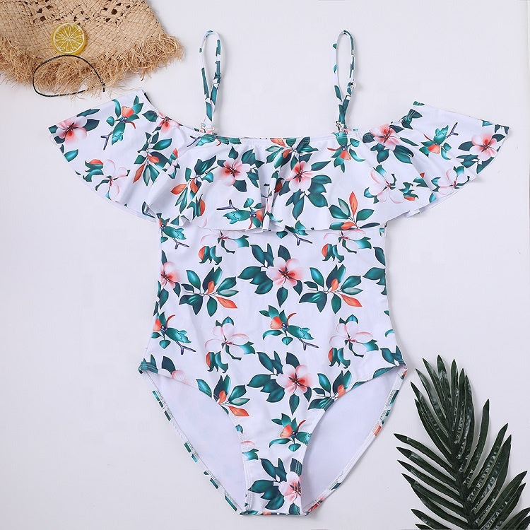 VINTAGE OFF SHOULDER RUFFLED WHITE FLORAL SWIMSUIT